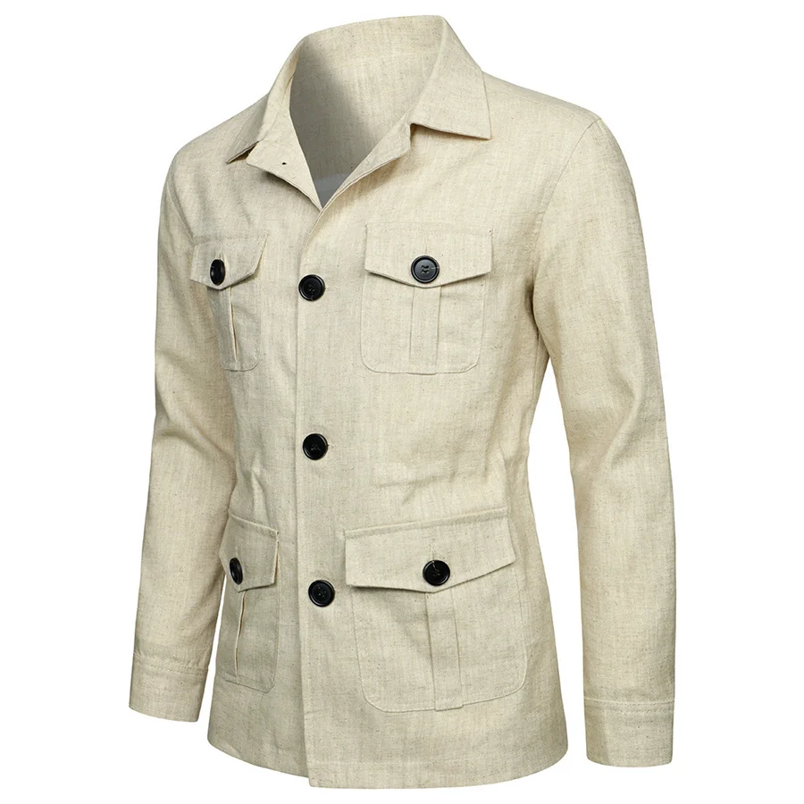 2027 New British Men's Linen Jacket Fashion Vintage Multi Pockets Cargo Jackets Men Streetwear Gentry Casual Outerwear Male Coat