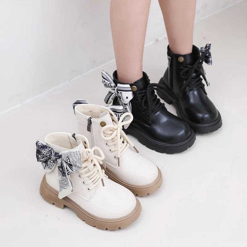 

Girls Round Head Soft Autumn/winter New Hot Sale Thick-soled Zipper Stylish Bow Short Boots Kids Walking Daily School Boots