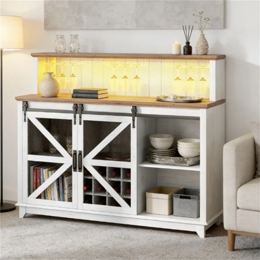 

Кофейный уголок с белыми шкафами, винными шкафами и полками для современного хранения на кухне