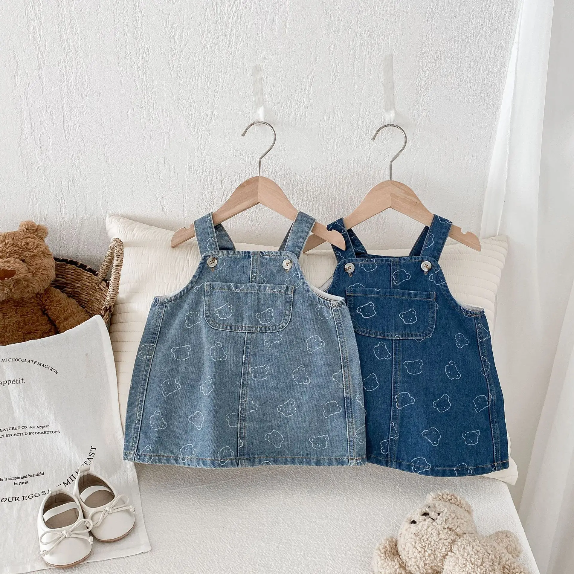 

2025 Spring Summer New Korean INS Style Girls Denim Suspender Dress Cute Bear Print Skirt for 1-6 Years Old