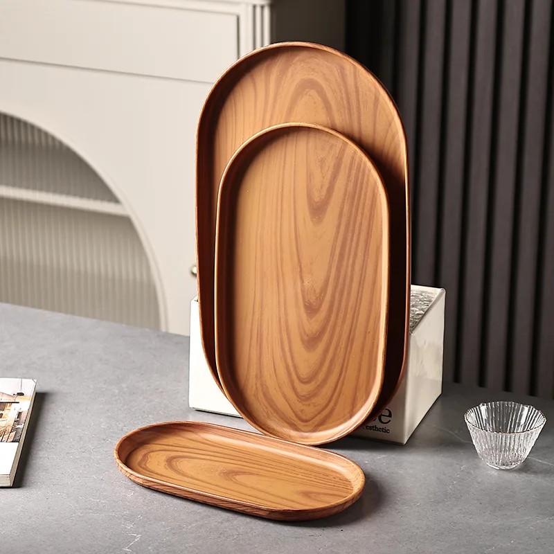 Geschirr Kunststoff Holzmaserung Lebensmitteltablett Runder rechteckiger Dessertteller im japanischen Stil Snack Obst Tee Untertasse Palette Brotbrett