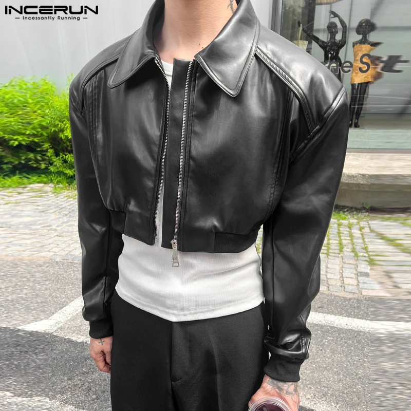 Fashion Well Fitting Tops INCERUN Men's Reflective Fabric Splicing Cropped Jackets Coat Casual Long Sleeved Lapel Zipper Jackets