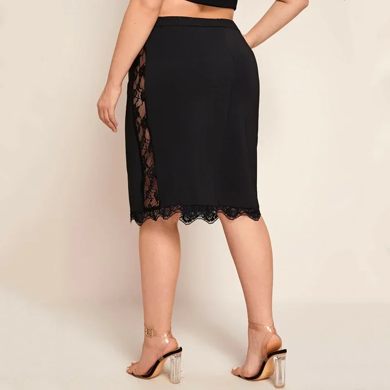 Plus Size Elastic Waist Sexy Summer Elegant Bodycon Skirt Women Lace Trim Black Business Casual Midi Skirt Work Office Skirt 6XL