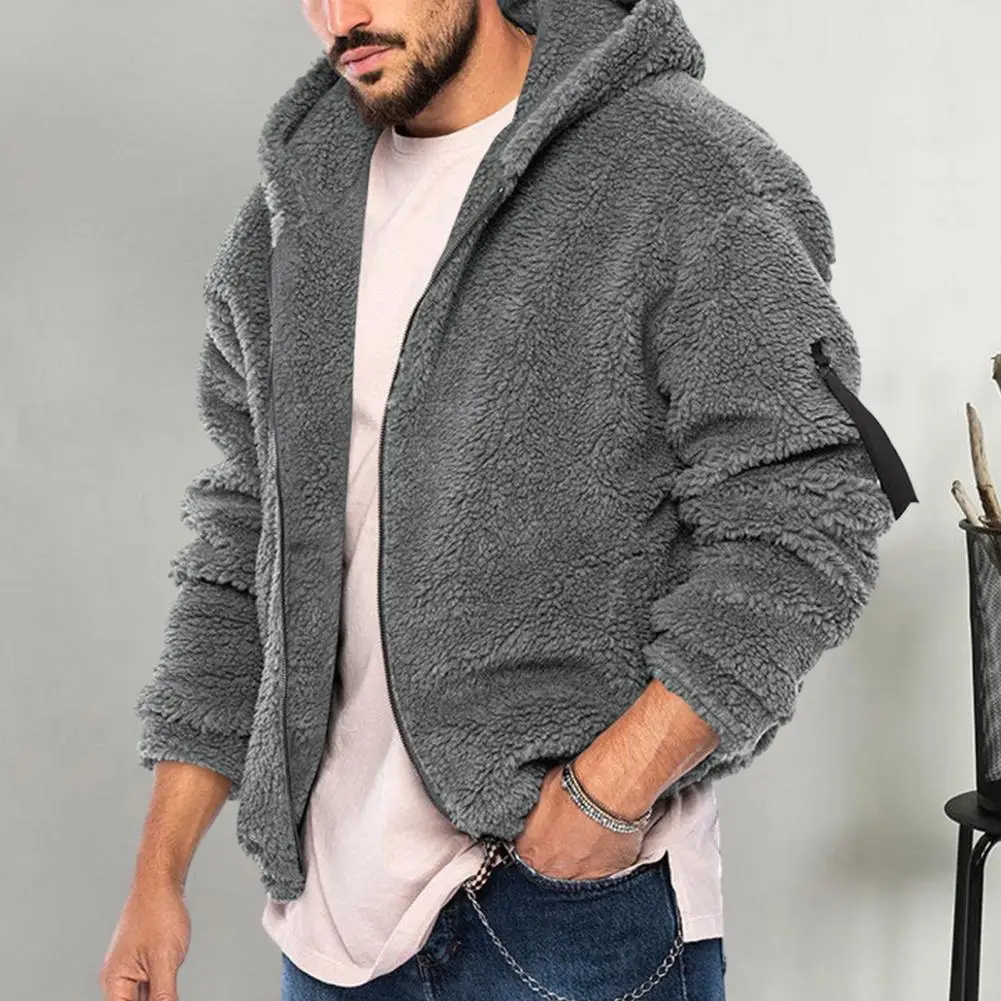 

Men Jacket Solid Color Jacket Men's Double-sided Fleece Hooded Winter Coat with Zip Up Closure Pockets Thick Soft for Autumn