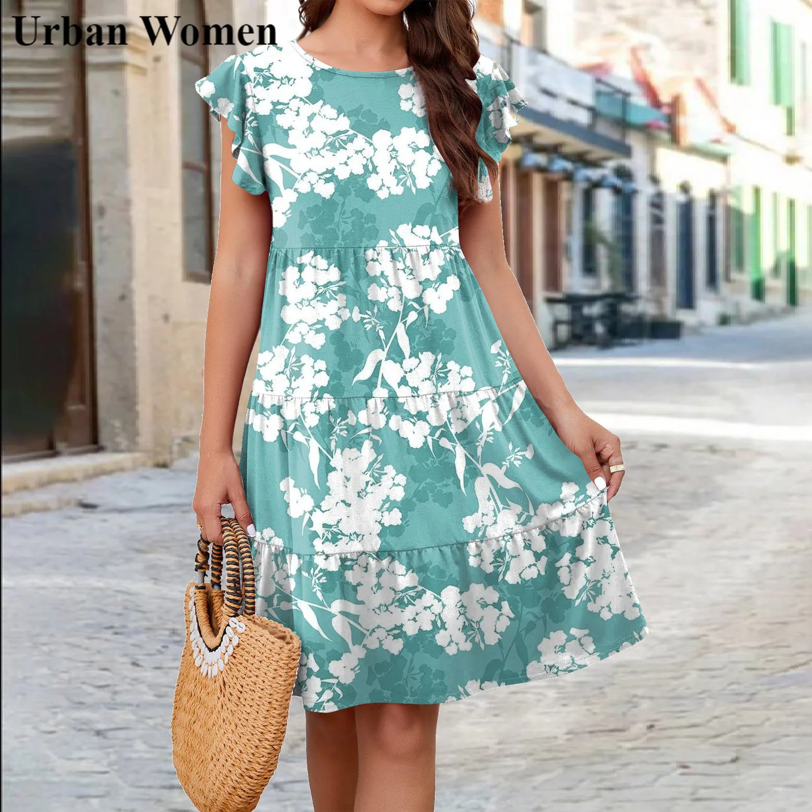 Womens Casual Dress for Summer Solid/Floral Short Sleeve Pleated T-Shirt Dress Loose Flowy Beach Midi Dress