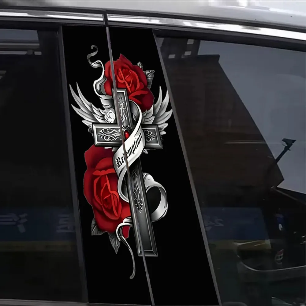 Ensemble de 2 autocollants pour pilier B de porte - Ailes d'ange et Croix de la redressement de Rose - Fabriqués en PVC durable, résistants aux rayures