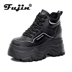 Fujin stivaletti da donna in vera pelle allacciati Casual tempo libero pelliccia calda scarpe invernali Sneakers robuste piattaforma stivali da neve in pelliccia