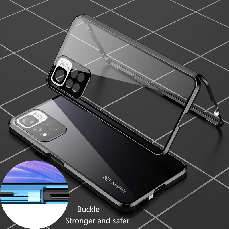 

Double Sided Glass Metal Magnetic Snap Lock Case For Redmi Note 14 13 12 Pro Plus 11S 11T 5G Camera Lens Protection Cover Cases
