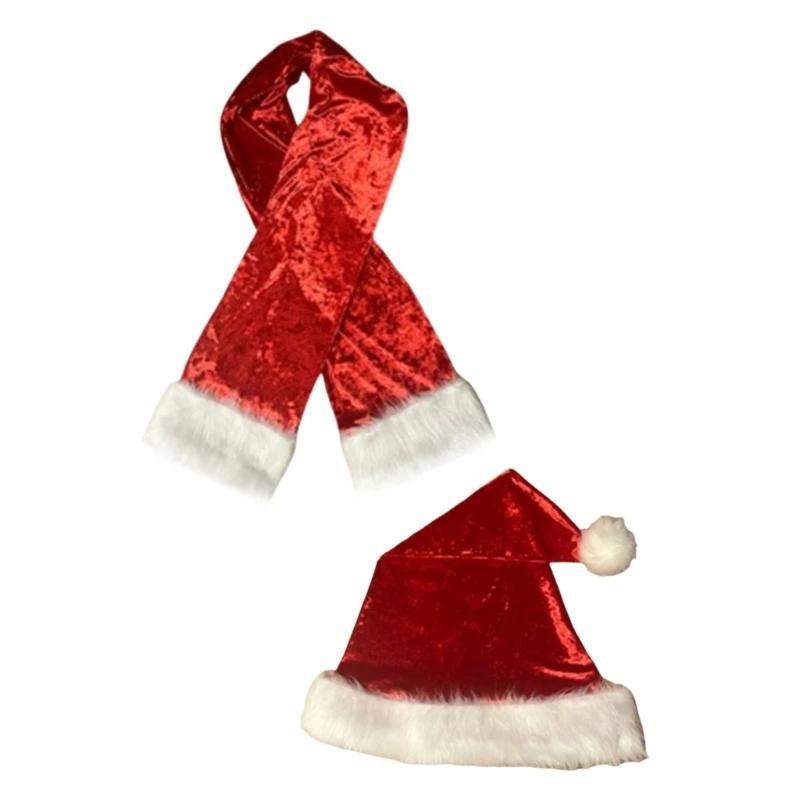 Christmas Santa Hat and Scarf Set Unisex Winter Velvets Hat Soft and Warm Scarf