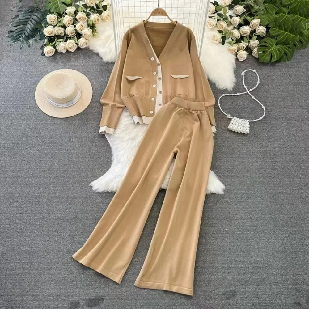 Women Chic Retro Two Pieces Sets Single Breasted v neck basics knit sweet High Waitst Wide leg pants Fashion Summer Sets