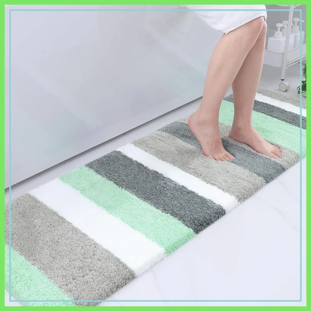 

Extra Thick Microfiber Striped Bath Mat, Soft Shaggy Absorbent, Machine Washable Bathroom Rug, 59x20 Inches, Green-Grey