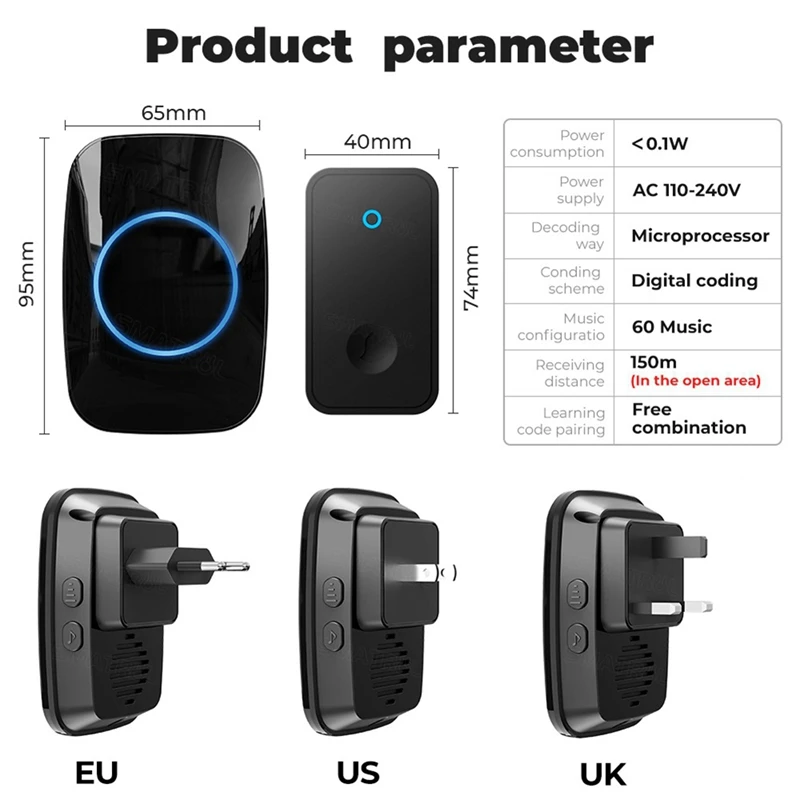 Self Powered Wireless Doorbell No Battery Waterproof Door Bell Chime Ring For Kids Elderly Caller