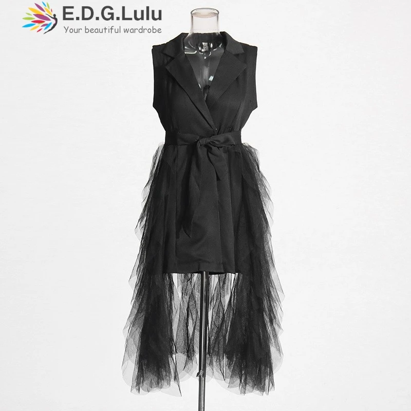 EDGLuLu Turn-Down Collar Sleeveless White Dresses 2025 Woman Design Splicing Mesh Asymmetrical Dress+Belt 1004