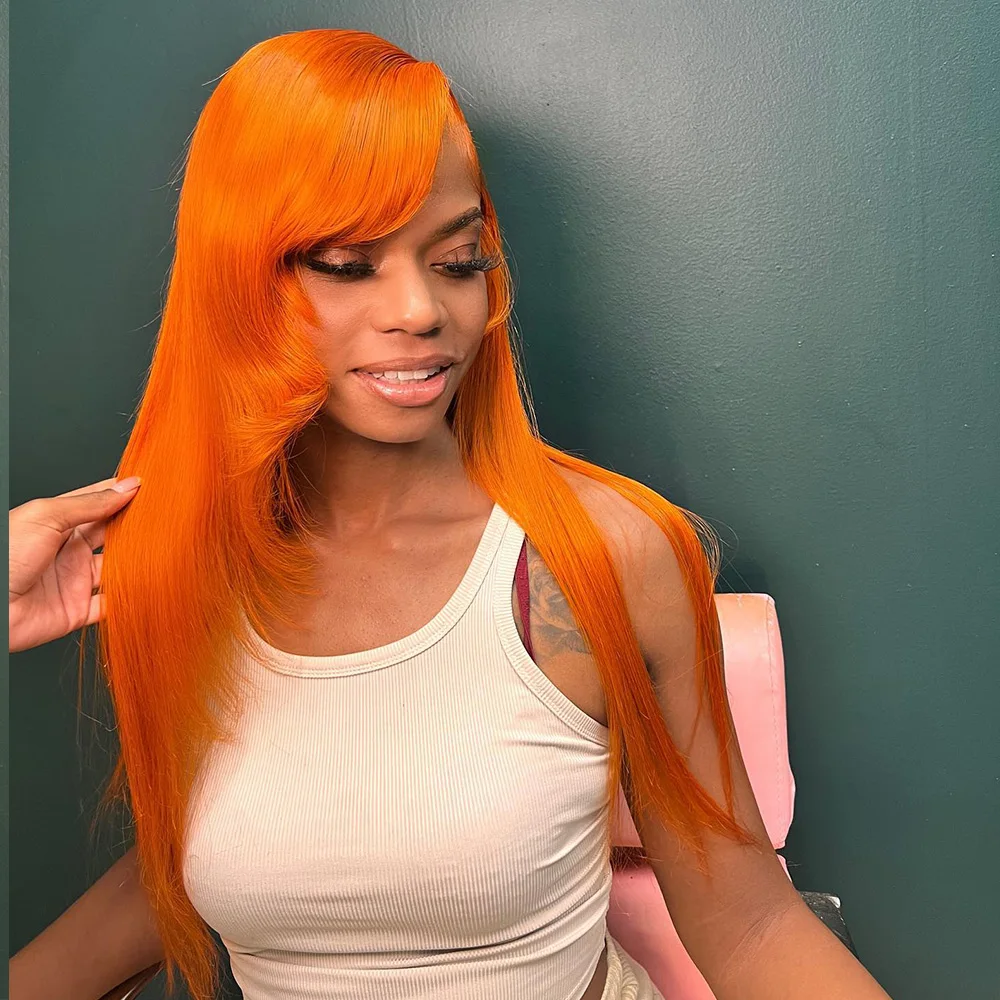 Linhua-Peluca de cabello humano liso de 13x4 para mujer, postizo de encaje Frontal transparente Remy, color naranja jengibre, 30 pulgadas, predesplumada con pelo de bebé