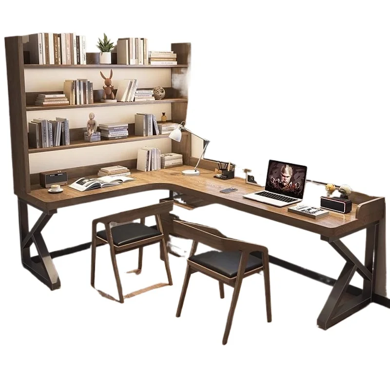 All solid wood corner desk bookshelf integrated combination L-shaped computer desk