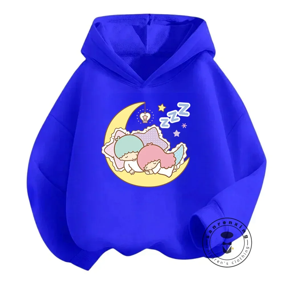 Cute Sanrio Little Twin Stars Kids Hooded Pullover Stylish Cartoon Emblazoned Garment for Autumn Winter Casual Outdoor Wear