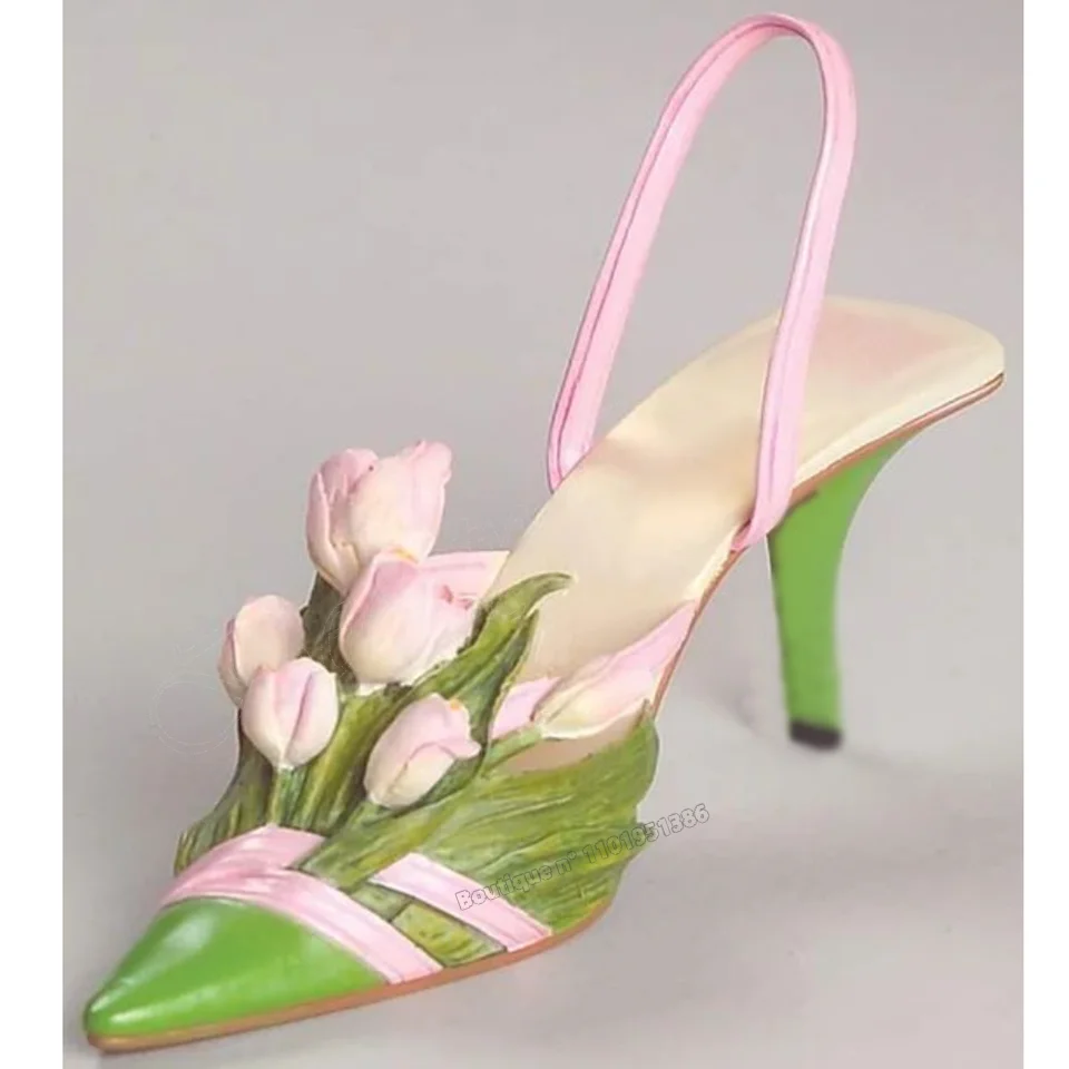 Flower Decor Back Strap Sandals Green Mixed Color Shoes for Women SlipStilettos High Heels Shoes Party 2023 Zapatos Para Mujere