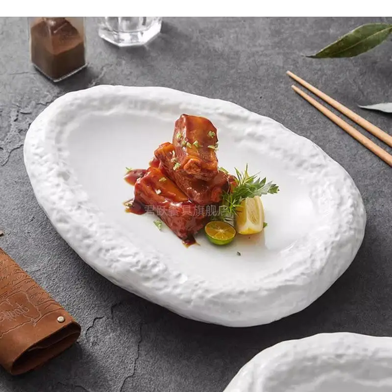 

Pure White Stone Texture Ceramic Dining Plate Restaurant Dessert Pasta Sushi Molecular Cooking Tableware