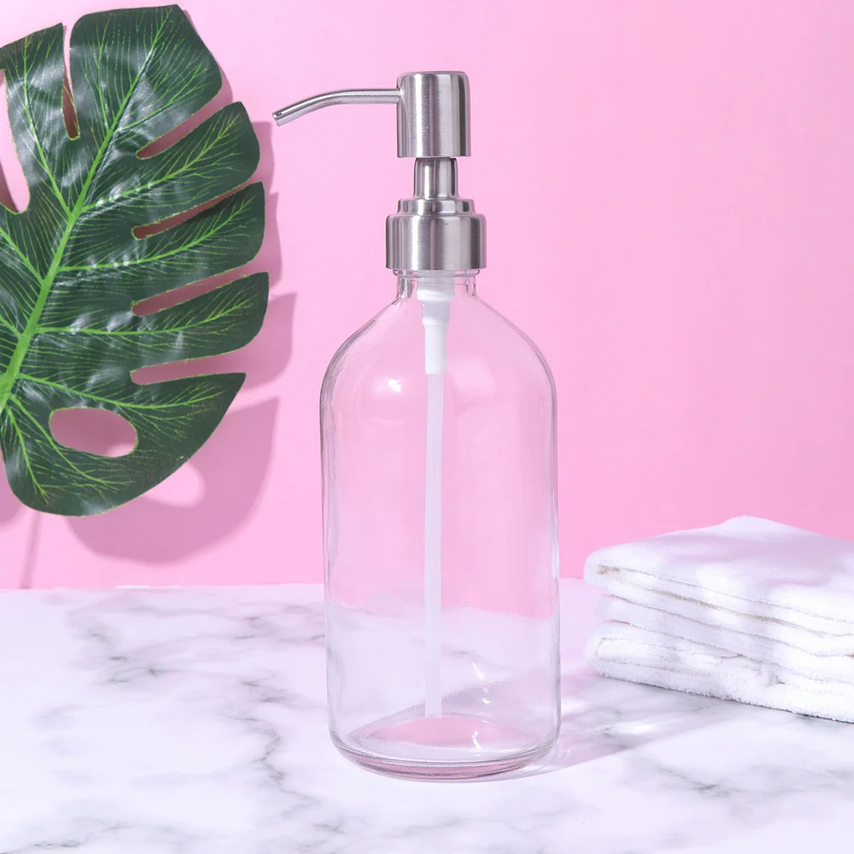 

500Ml Glass Bottle Empty Refillable Premium Stainless Steel Pump Dispenser for Shampoo Shower Gel Liquid Soap Lotion Container