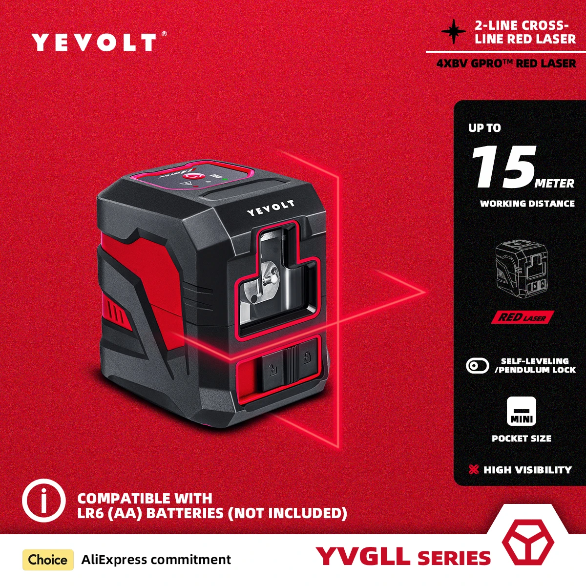 YEVOLT YVRLL4XS2 Series Red Laser Level Cross Line 2-Line Self-leveling Portable Lightweight Power Measurement Tools