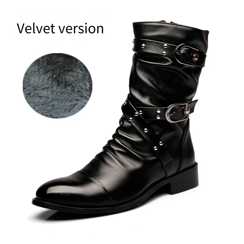 Męskie szpiczaste kozaki do konia, biznesowe buty skórzane za kostkę, plisowane, z nitami, aksamitne, ciepłe buty skórzane.