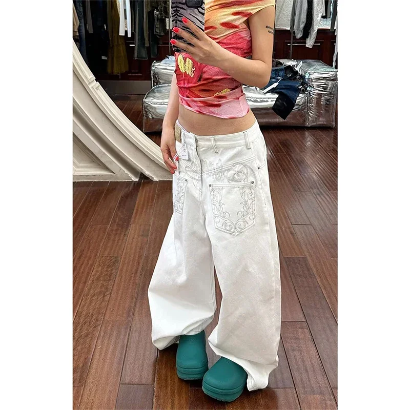 Vintage Borduren Vrouwen Witte Baggy Jeans 2025 Herfst Harajuku Y2k Wijde Pijpen Denim Broek Oversize Broek Jaren 2000 Kleding
