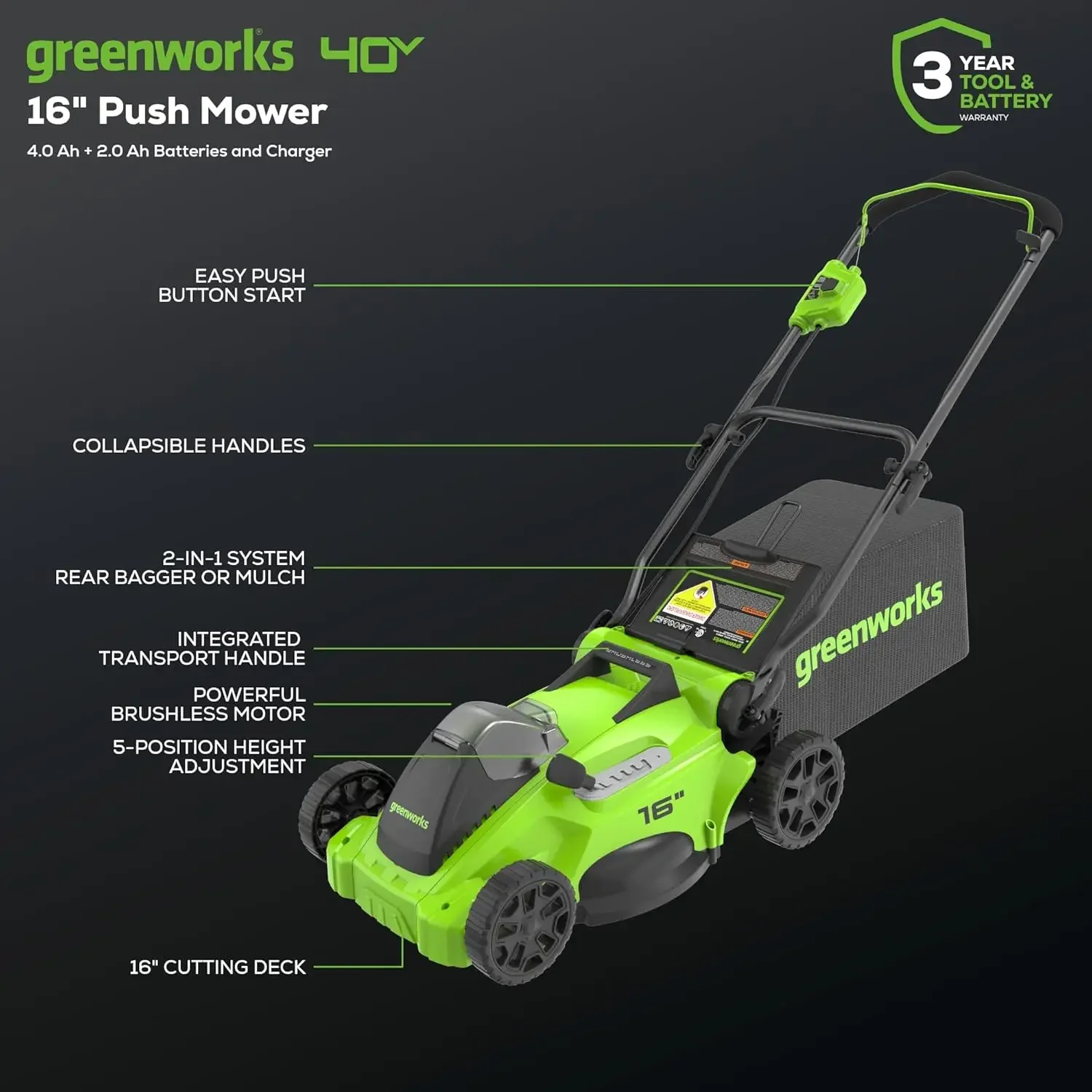 Greenworks-Tondeuse à Gazon Sans Fil (Poussée), 40V, 16 Pouces, Sans Balais, Souffleur (350 CFM), Débroussailleuse à Fil de 13 Pouces (Bobines Bonus), 4.0Ah + 2.0Ah