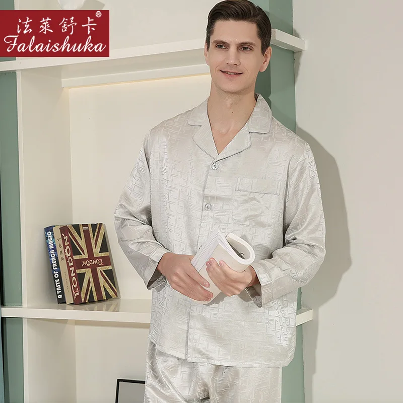 19 Momme 100 % Seide Herren-Nachtwäsche Langarm-Pyjama-Sets Herren edel Exquisite Jacquard-Nachtwäsche aus reiner Seide Reine Farbe T9072