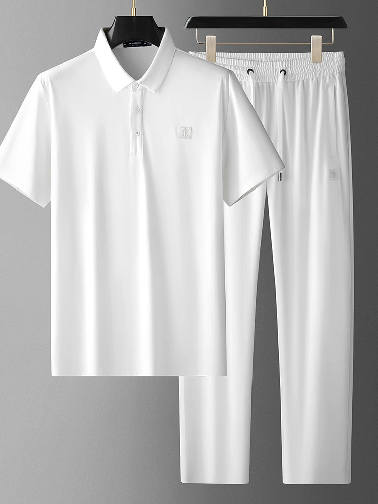 JSBD-NZ Summer high-end silky silk silk sports two-piece men\'s mature and steady straight polo shirt lapel leisure suit