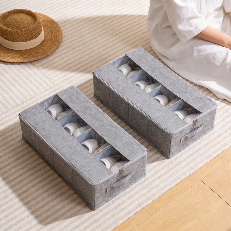 Stackable Foldable Fabric Shoe Storage Box Covered Lid Six Compartments Transparent Viewing Panel Gray X Cm Organizer Closet