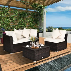 4PCS Patio Rattan Wicker Sofa Furniture Set Cushioned Conversation Ottoman Set