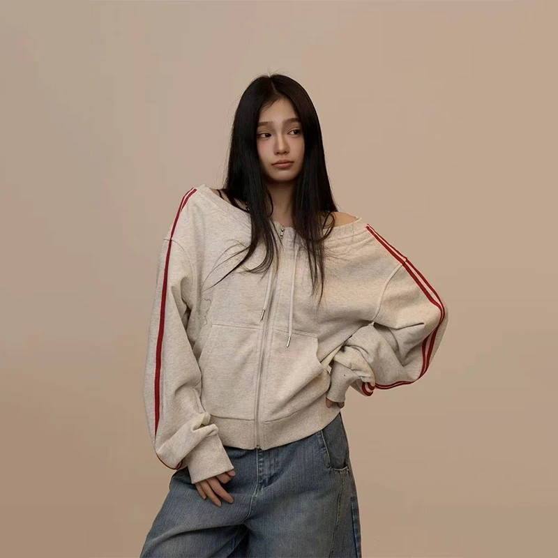 

Sexy Slash Neck Long Sleeve Women Cardigan Y2K Streetwear Slim Zipper Female Coats Autumn American Striped Crop Hoodies Mujer