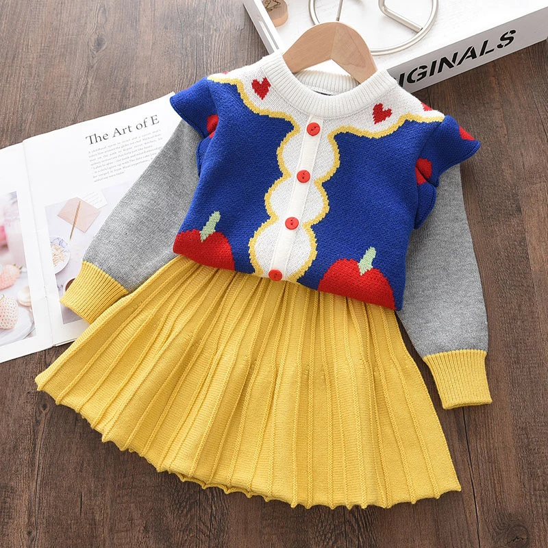 Melario New Kids Knitwear Suits Girls Baby Cartoon Princess Sweaters Coats Ruffle Cute Dress 2PCS Outfits Knit Kids Clothes Sets