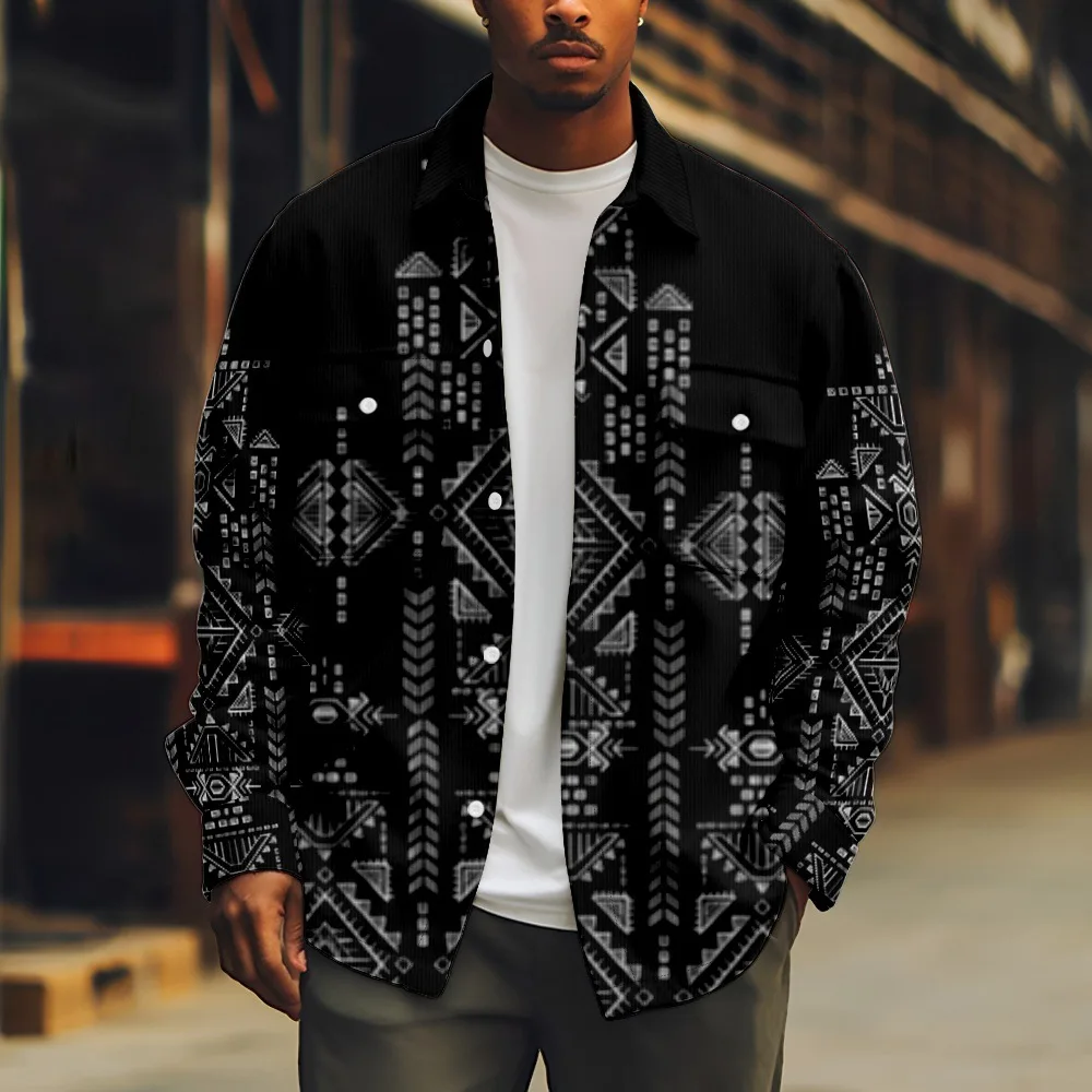 

Geometry Retro Patterns Button Up Shirts Printed Full Sleeve Pocket Coat Hip Hop Hipster Streetwear Casual Men Clothing