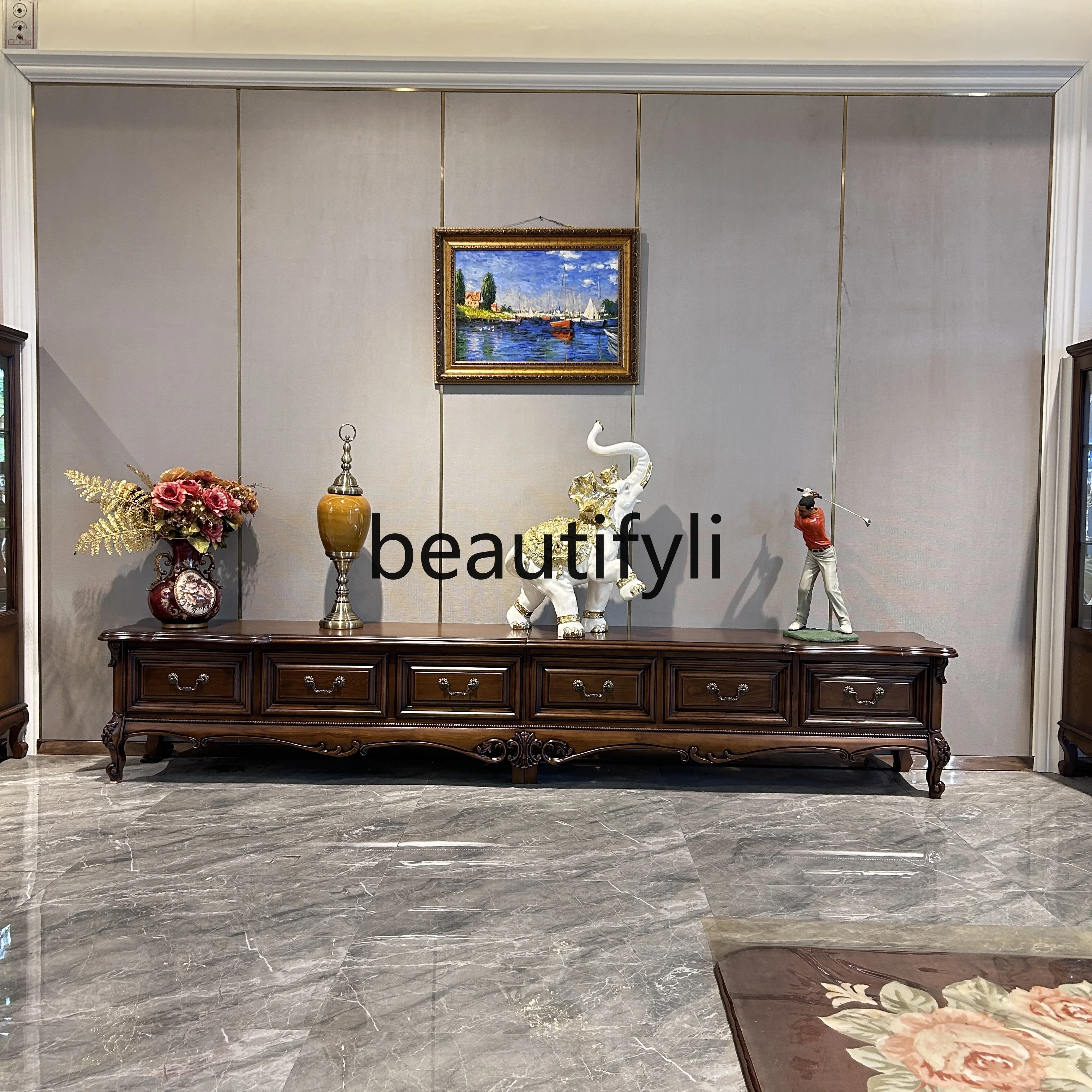 خزانة تلفزيون من الخشب الصلب على الطراز الأمريكي، مجموعة طاولة القهوة لغرفة المعيشة، خزانة أرضية على الطراز الأوروبي