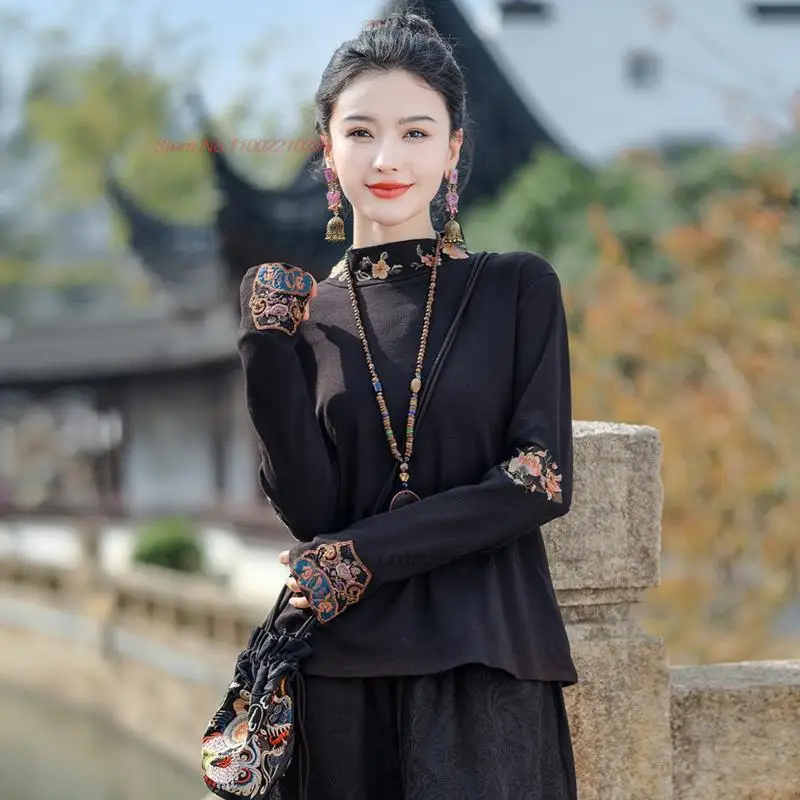 

2026 Новая коллекция: этнические базовые рубашки с вышивкой национальными цветами, рубашки с воротником-стойкой, винтажные китайские топы ханьфу, восточные костюмы Тан, уличная одежда