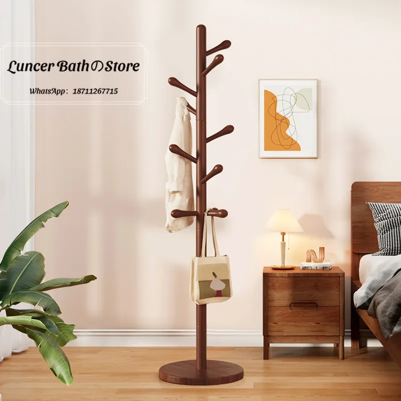 Space Saving Solid Wood Freestanding Coat Rack Movable Sturdy Clothes Bag Hanging Stand for Bedroom Household Use
