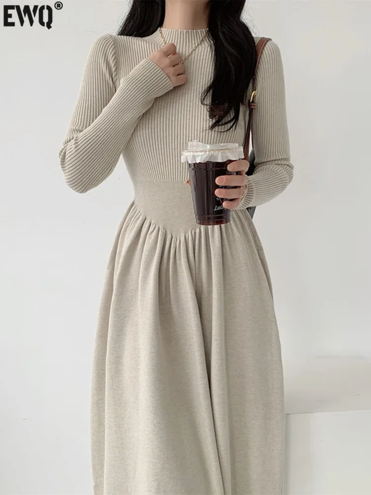 

[EWQ] French Minimalist Style Half High Collar Long Sleeve Knitted Dress Solid Soft Women Winter Dresses 2024 Autumn New 16O2324