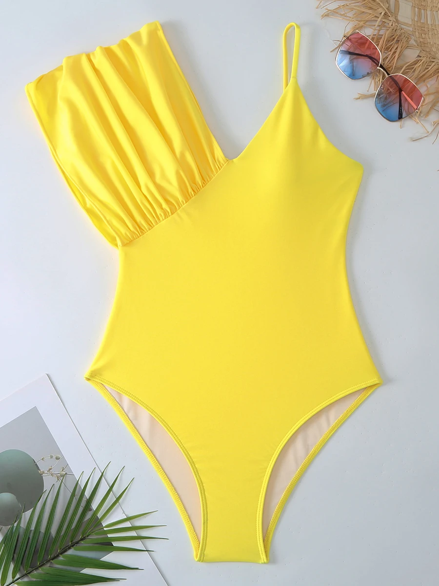 2026 Solid Asymmetric Swimsuit Womeon One Piece Yellow Swimwear Female Beachwear Bathers Bathing Swimming Swim Suit