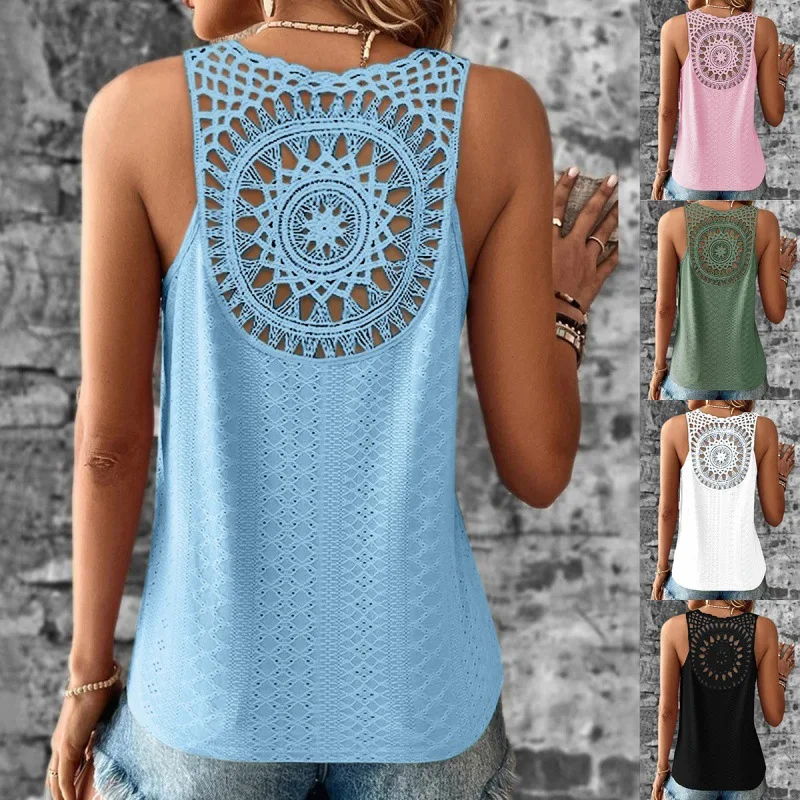 2024Summer Women's Tops New Fashion V Neck Lace Lace Vest Camisole Solid Colour Casual Loose Versatile Sleeveless Tops Tank Top