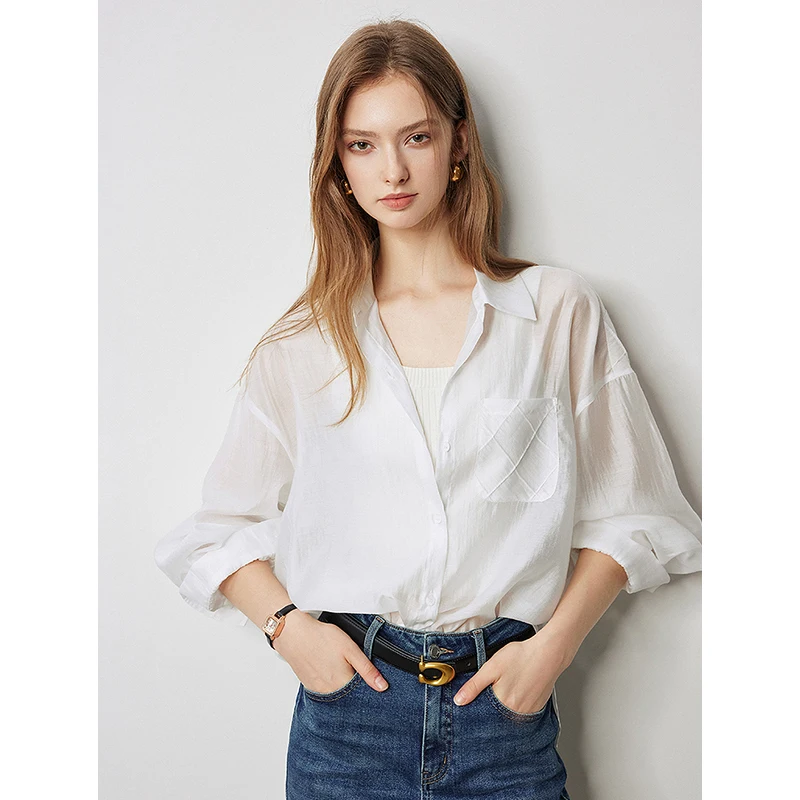 TOYOUTH Women Blouse Shirt 2024 Autumn New Lyocell Ice Silk Pocket Turn Down Collar Long Sleeve Fashion Tops