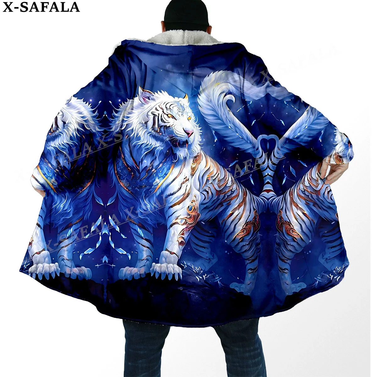 Chinese Myth Dragon And Tiger Spirit Arts Thick Warm Hooded Cloak Men Overcoat Coat Windproof Fleece Cape Robe Hooded Blanket-1