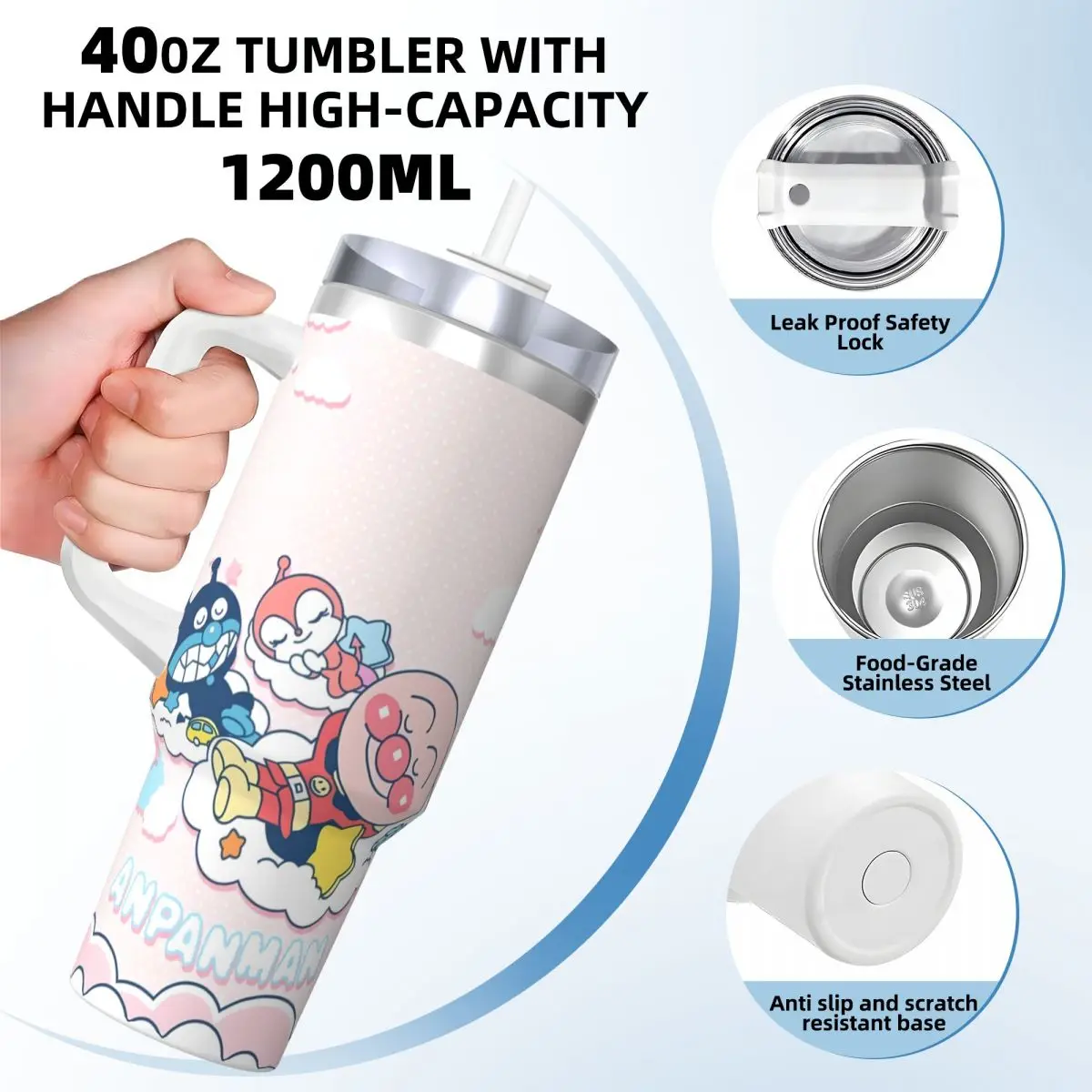 Stainless Steel Tumbler Anpanman Baikinman Cloud Car Mugs With Straws Travelist Cold Drink Water Bottle Leakproof 40oz Thermal