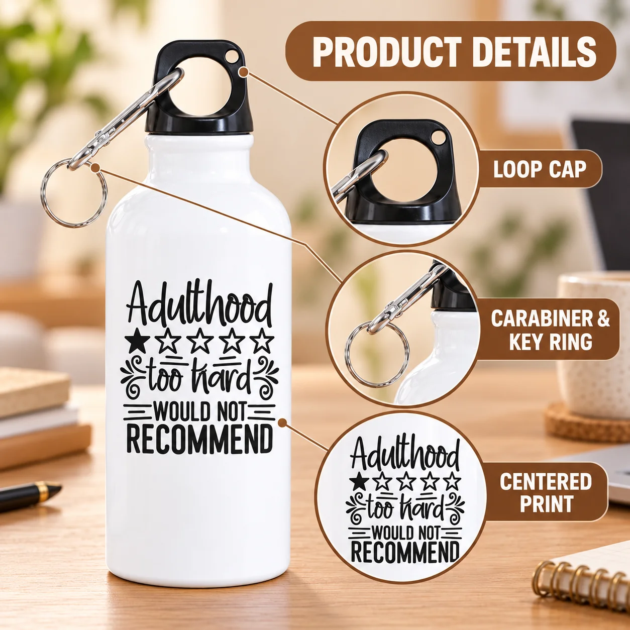 Sublimation Aluminum Water Bottle, Adulthood Too Hard Would Not Recommend Print Sports Water Bottle with Carabiner, Lightweight