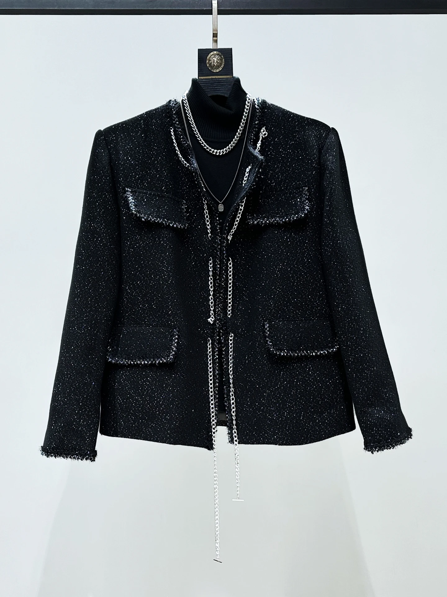 

Original Autumn Winter Design Metal Chain Decorated Jaet Coat Men's Tweed No Button Open Cardigan Top Loose Fit Youth Trend