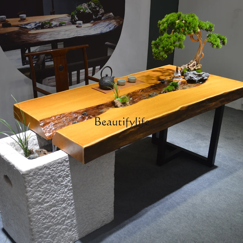 

New Chinese Style Flowing Water Tea Table Solid Wood Large Board Landscape Integrated Zen Table-Chair Set