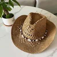 Summer Bohemian Shell Straw Hat Beach Women Men Cowboy Hats Wooden Beads Hollow Out Western Wide Brim Sun Hat Holiday Cap - Image 2