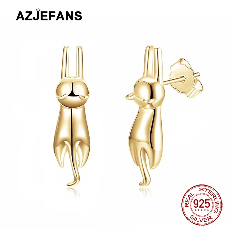 

AZJEFANS 925 Sterling Silver Stud Earrings For Girl Simple Cute Geometric Cat Earring Fine Jewelry