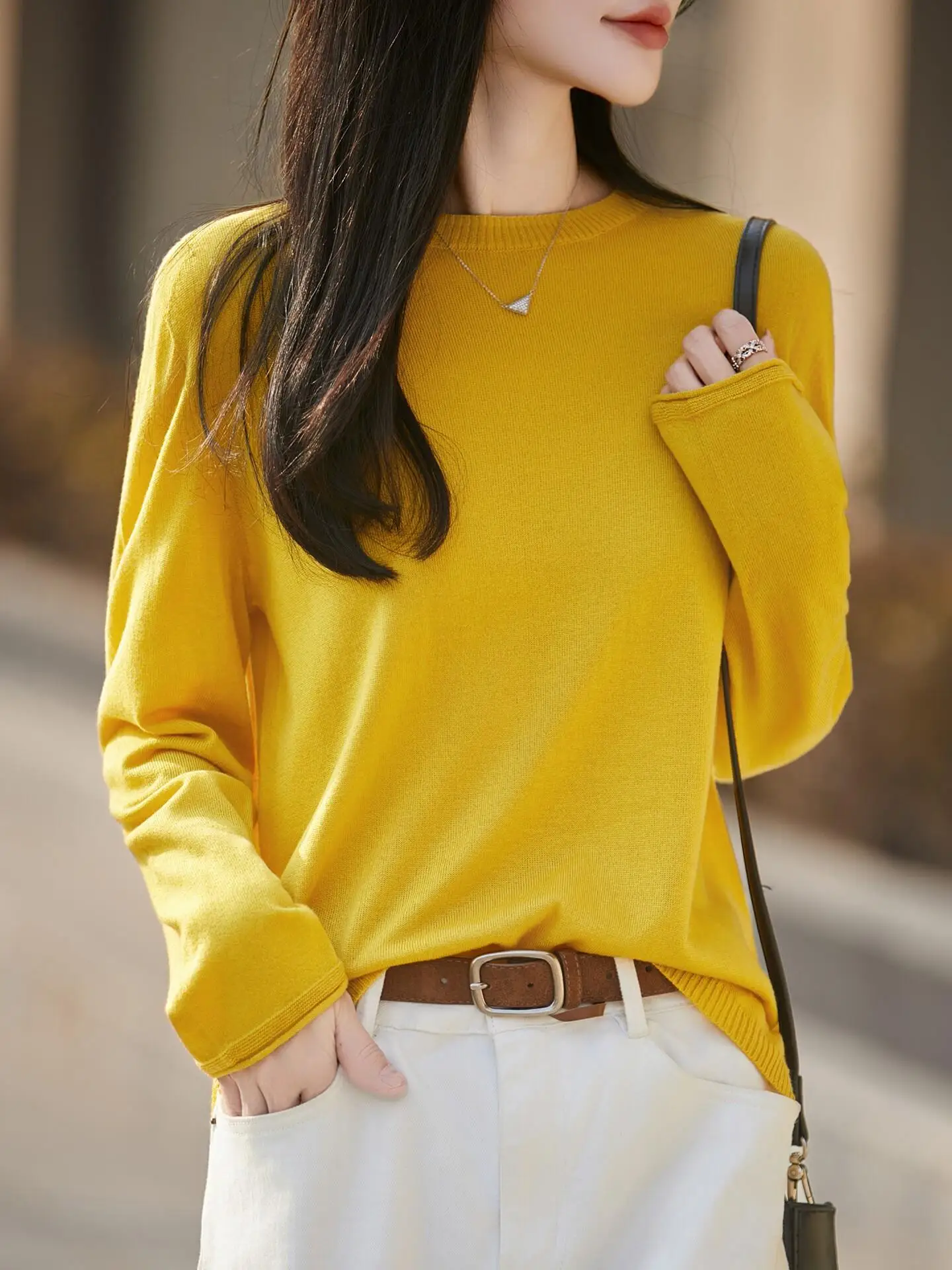 Spring Autumn Loose Fit round Neck Long Sleeve Seamless Ultra Fine Spun Wool Knitted Shirt Women Casual Pure Color Thin Base ...