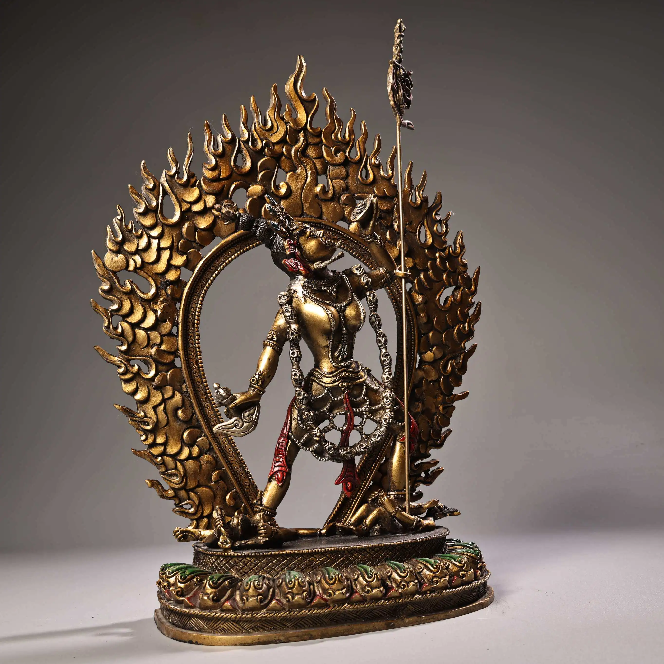 Tibetan Antique Painted Gold Dakini Protector Copper Statue 3D Carving Home Altar Decor Craft